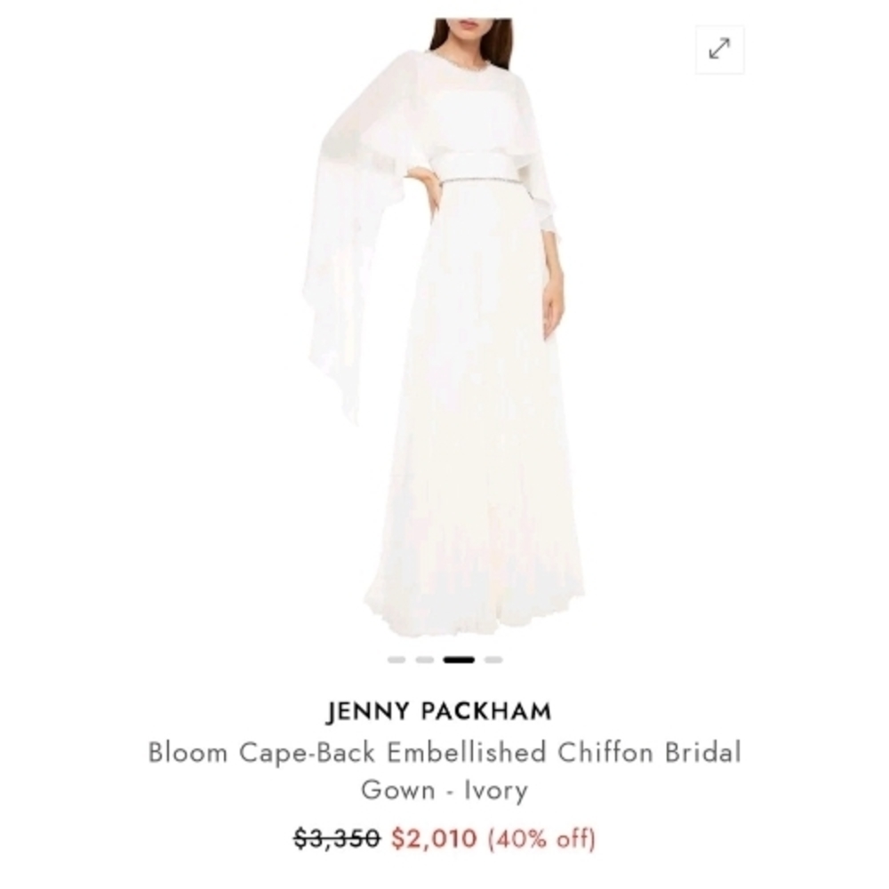 Jenny Packham Bloom Cape Ivory Chiffon Gown Rhinestone Embellished Pleated Dress - Picture 5 of 17